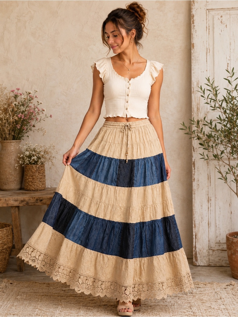 Young Threads Bohemian Patchwork Maxi Skirt - Blue and Cream